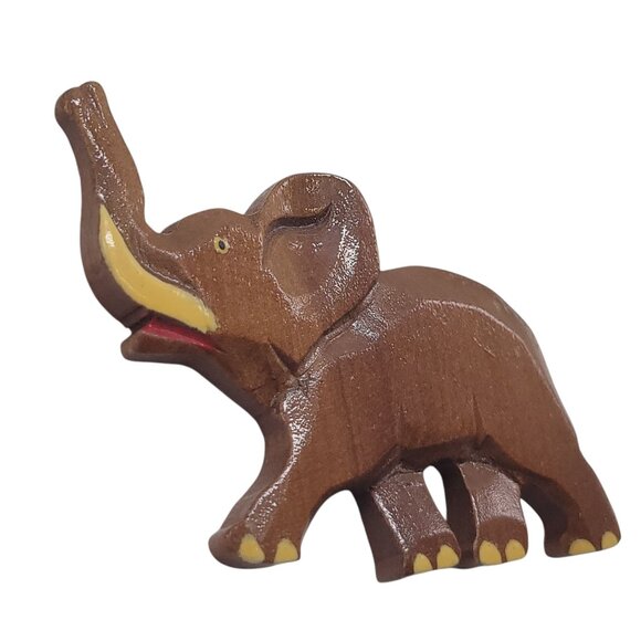 Vtg Hand-Carved Wooden Elephant Pin Brooch With Painted Details Lucky Trunk Up - Picture 6 of 9